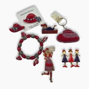 Red Hat Society Lot Brooches Pins Bracelet Keychain AJMC Diva Of The House TC